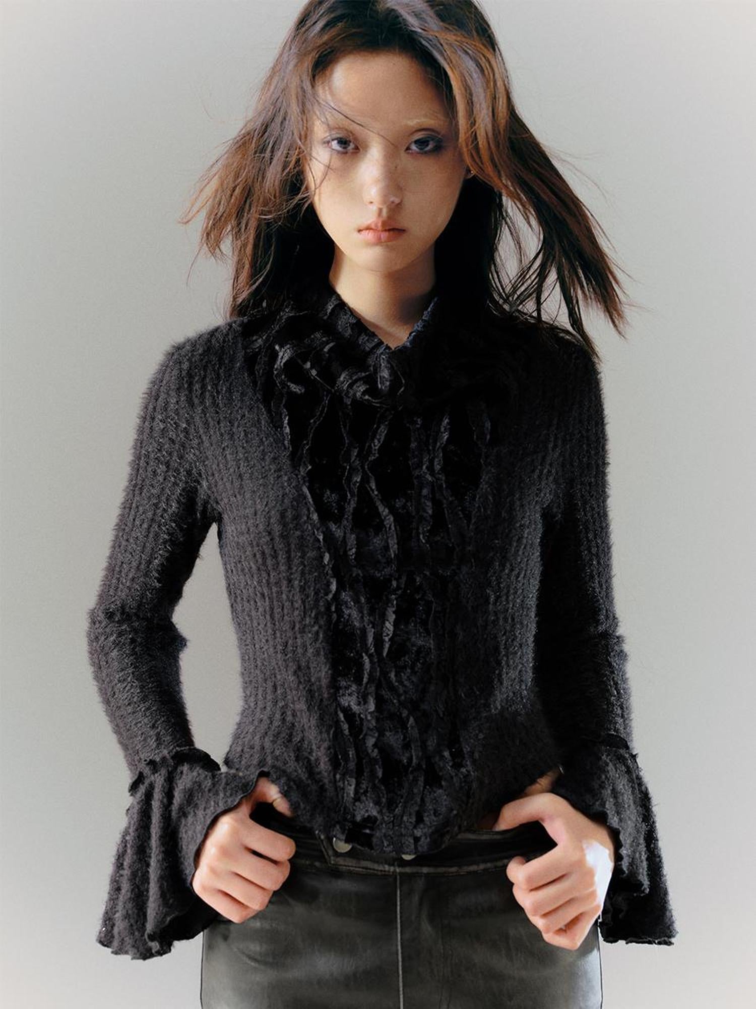 Cest Nous Velvet Lace Trim Embroidered Mock Neck Top