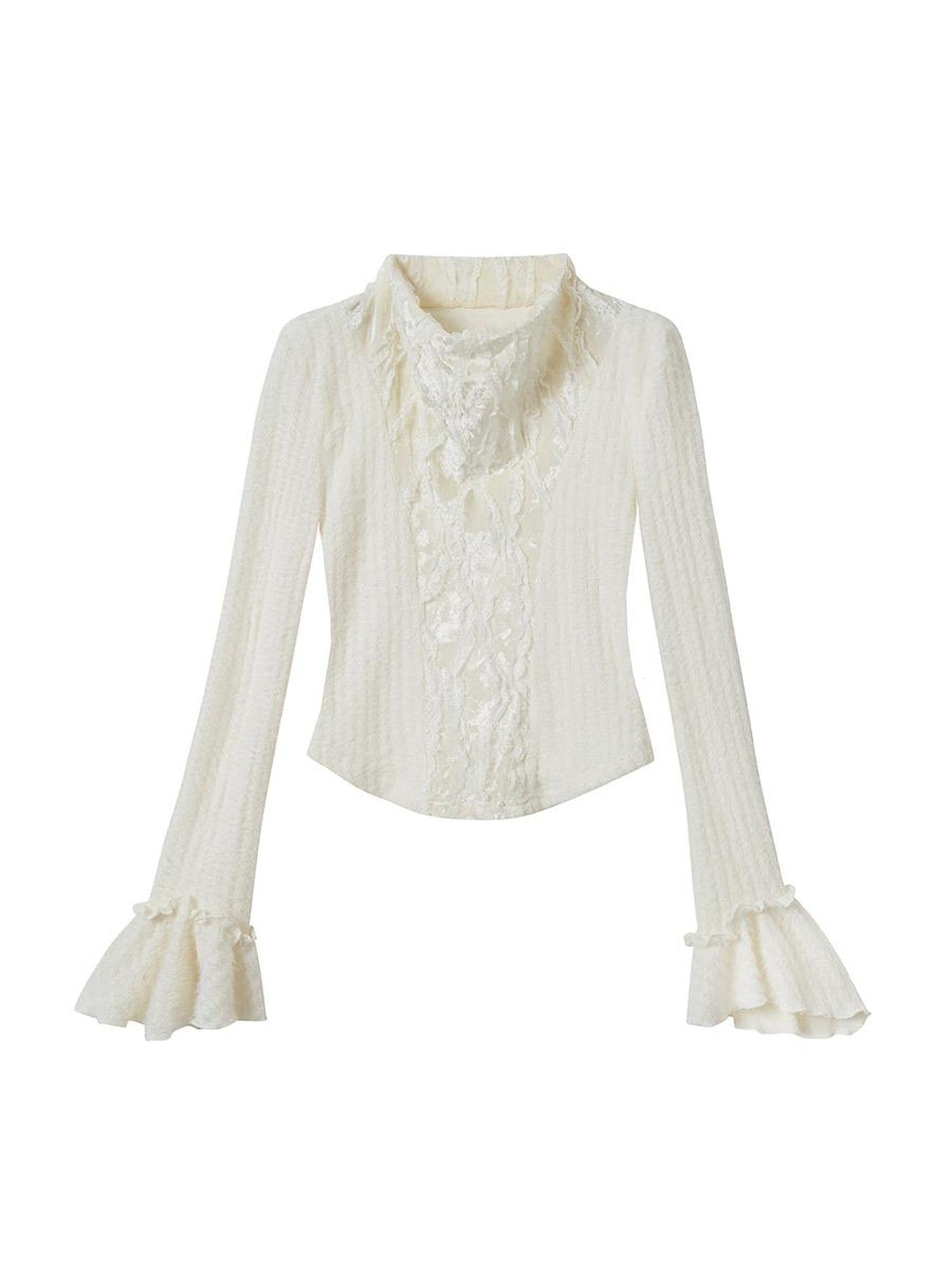 Cest Nous Velvet Lace Trim Embroidered Mock Neck Top
