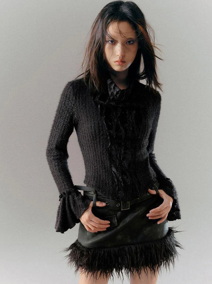 Velvet Lace Trim Embroidered Mock Neck Top