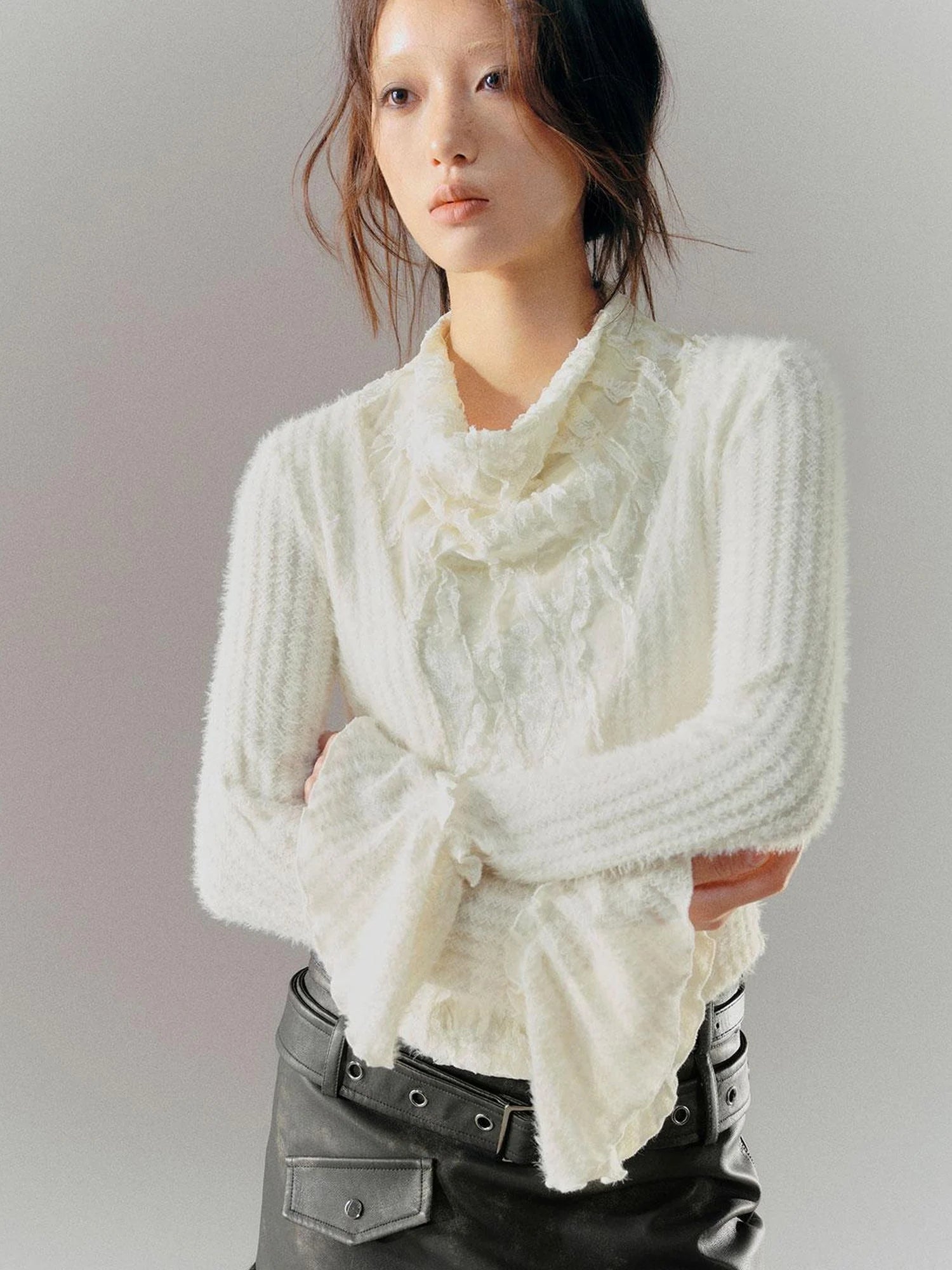 Velvet Lace Trim Embroidered Mock Neck Top