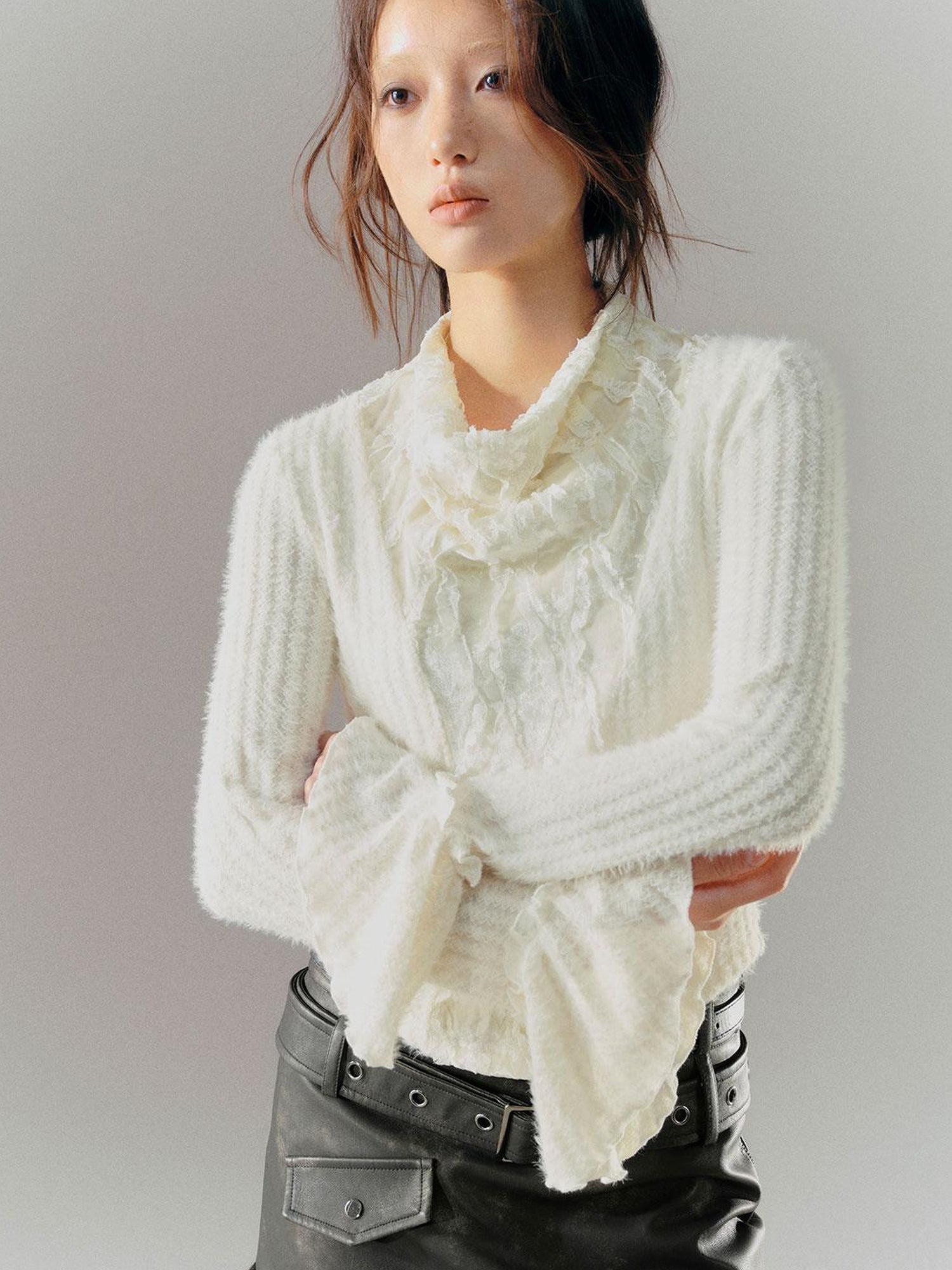 Cest Nous Velvet Lace Trim Embroidered Mock Neck Top