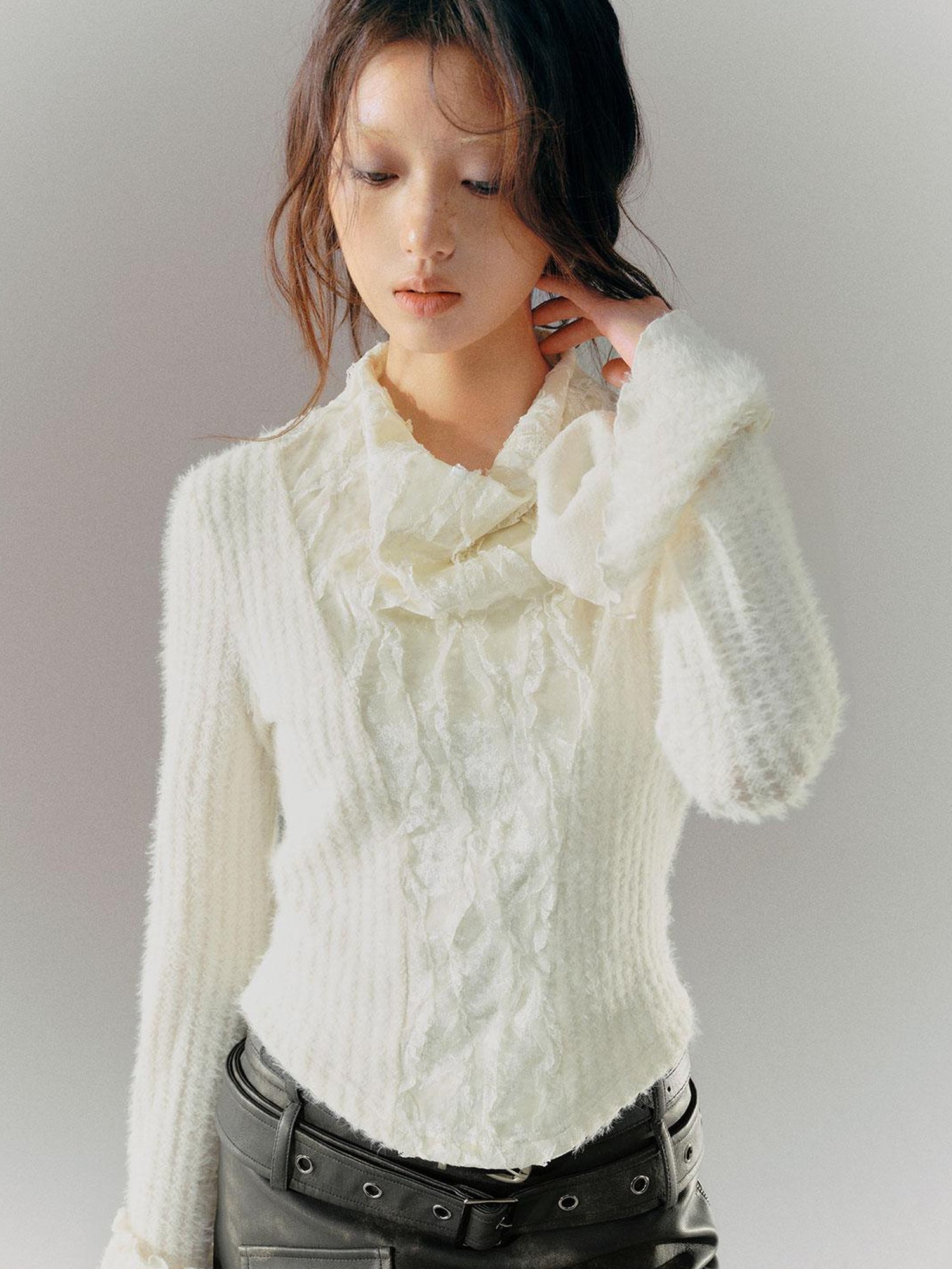 Cest Nous Velvet Lace Trim Embroidered Mock Neck Top