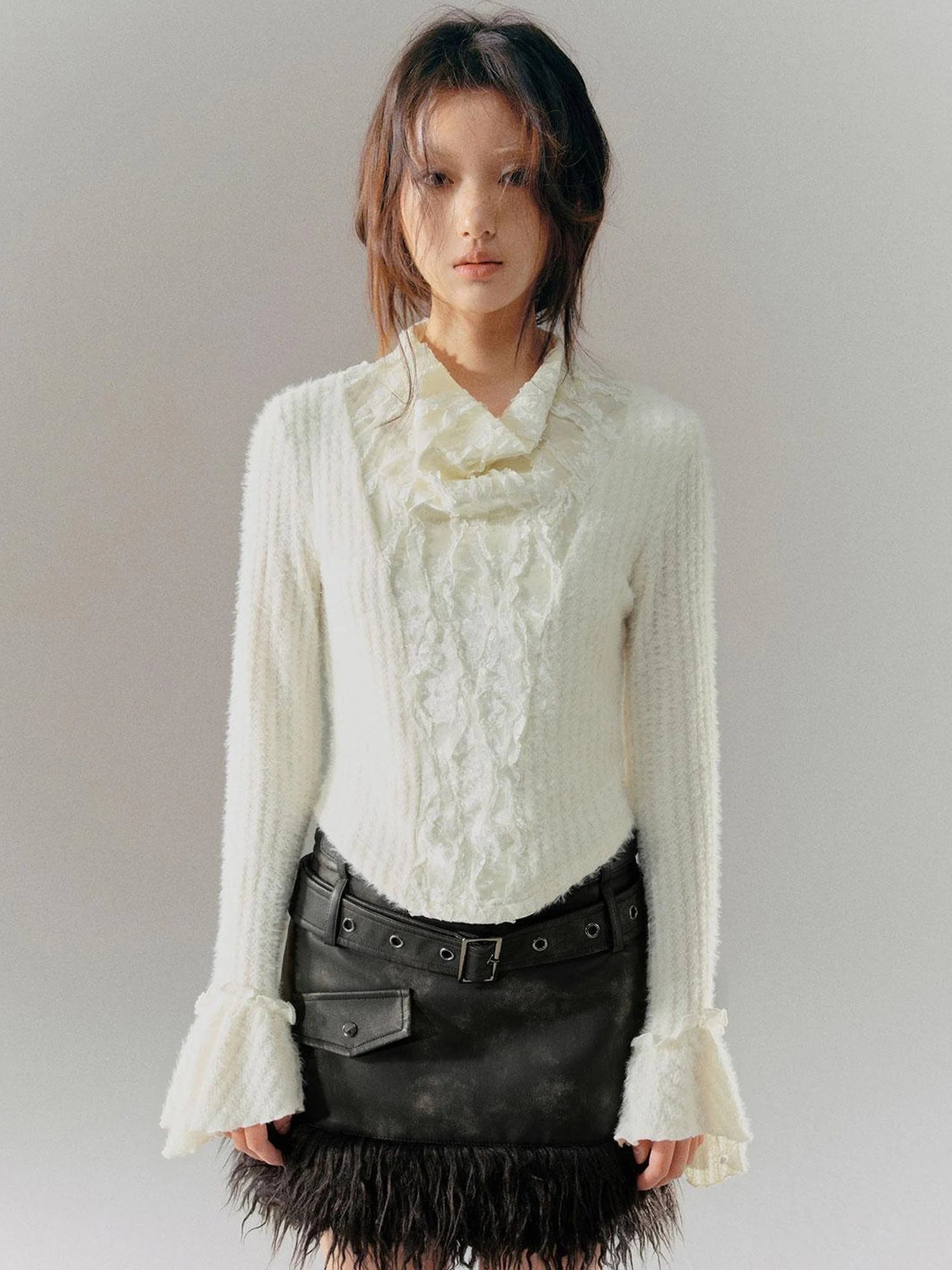 Velvet Lace Trim Embroidered Mock Neck Top