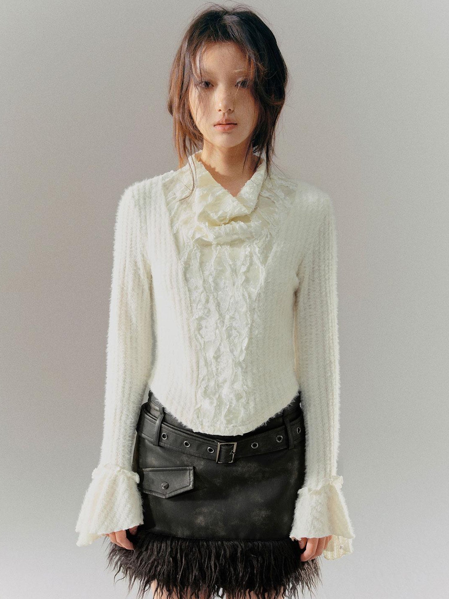 Cest Nous Velvet Lace Trim Embroidered Mock Neck Top