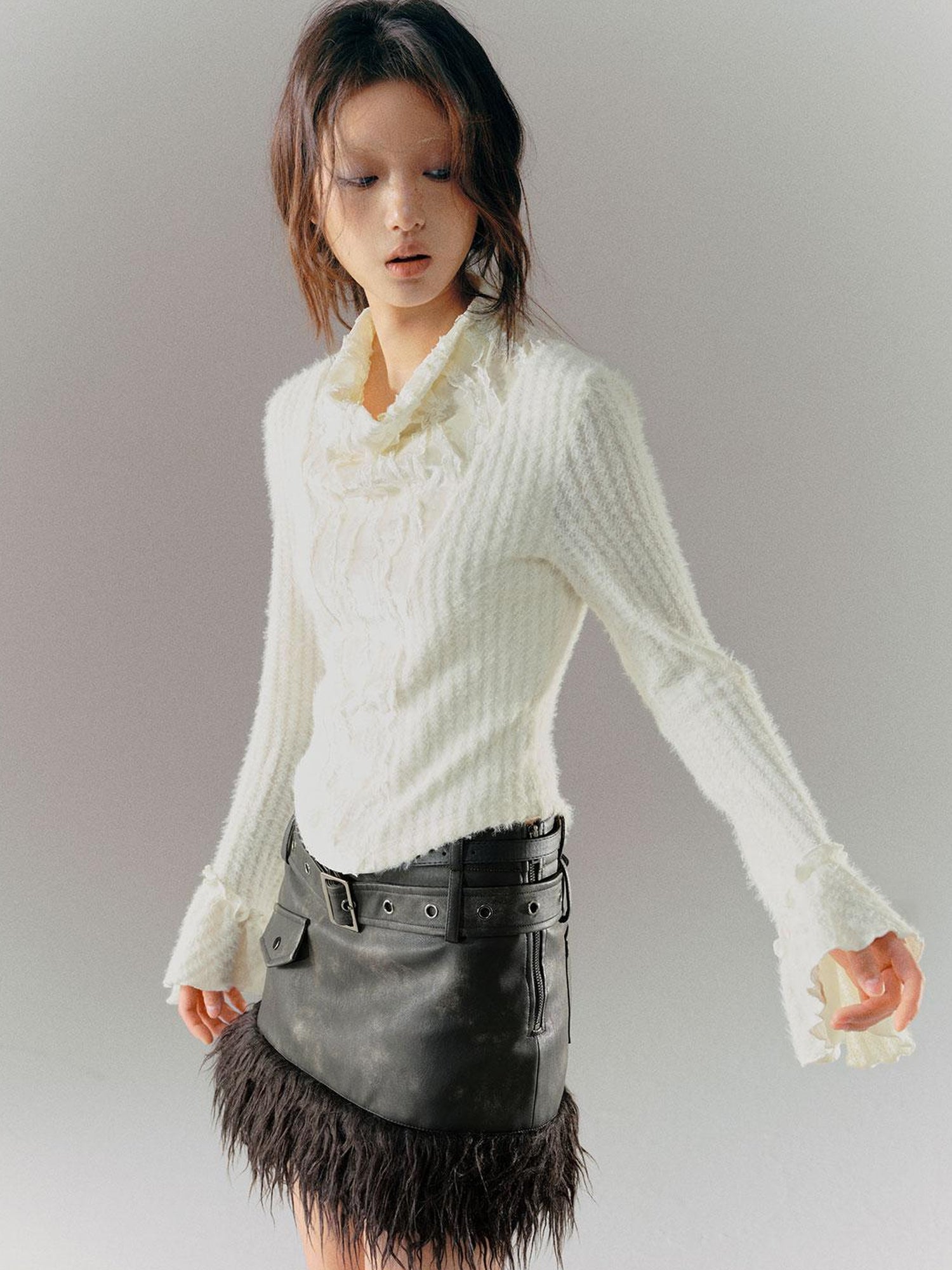 Cest Nous Velvet Lace Trim Embroidered Mock Neck Top