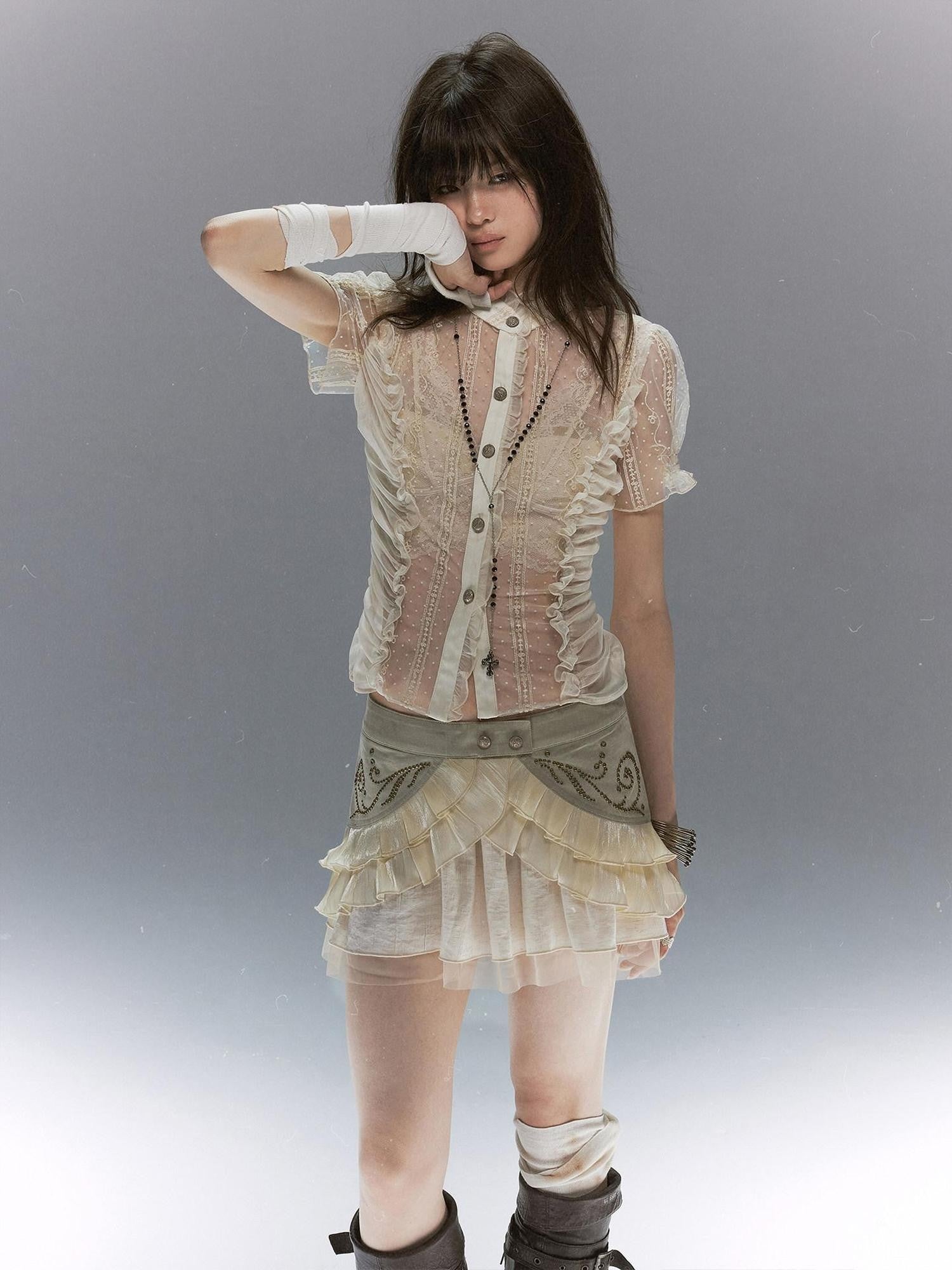 Cest Nous Vine Motif Studded Twill Mesh Patchwork Lace Up Women&