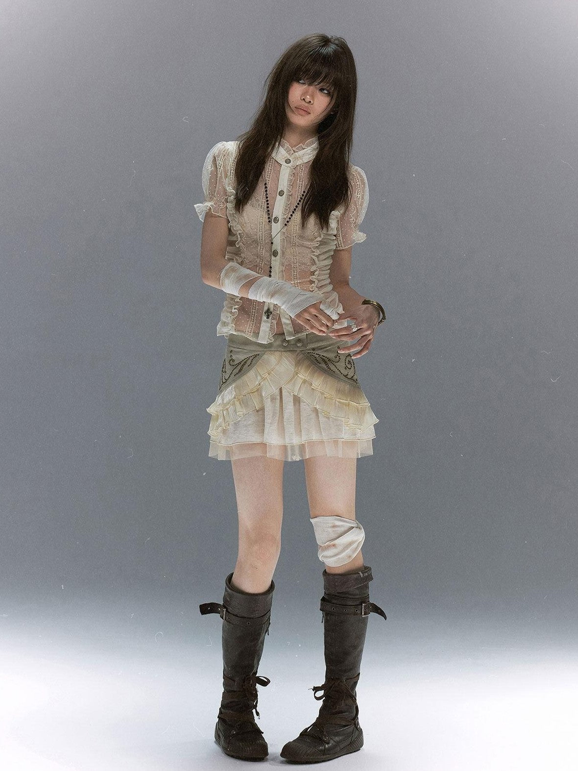 Cest Nous Vine Motif Studded Twill Mesh Patchwork Lace Up Women&