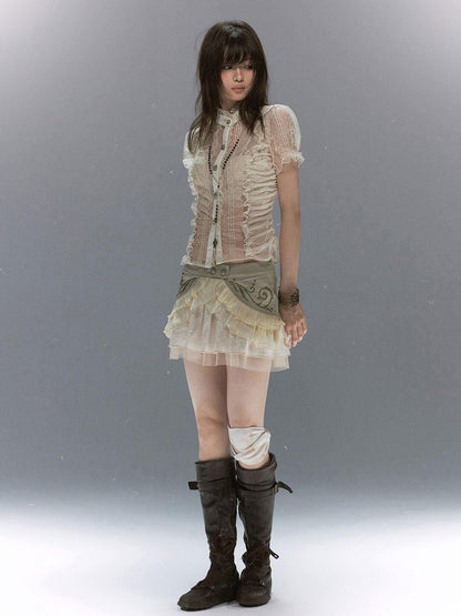 Cest Nous Vine Motif Studded Twill Mesh Patchwork Lace Up Women&