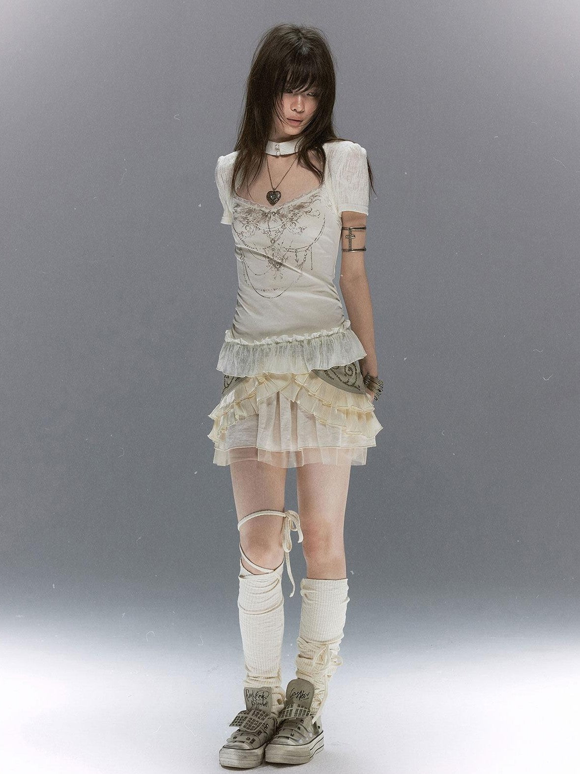 Cest Nous Vine Motif Studded Twill Mesh Patchwork Lace Up Women&