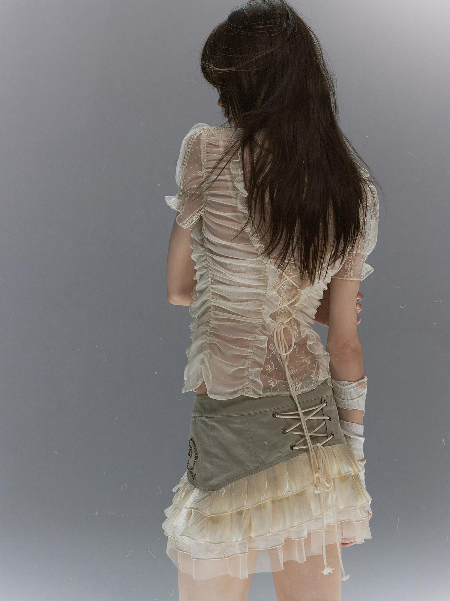 Cest Nous Vine Motif Studded Twill Mesh Patchwork Lace Up Women&