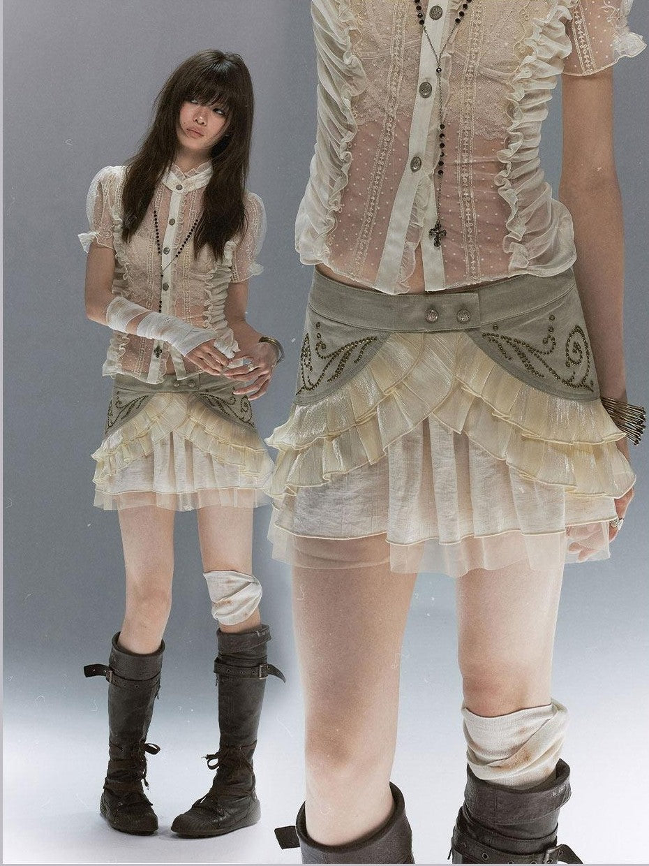 Cest Nous Vine Motif Studded Twill Mesh Patchwork Lace Up Women&