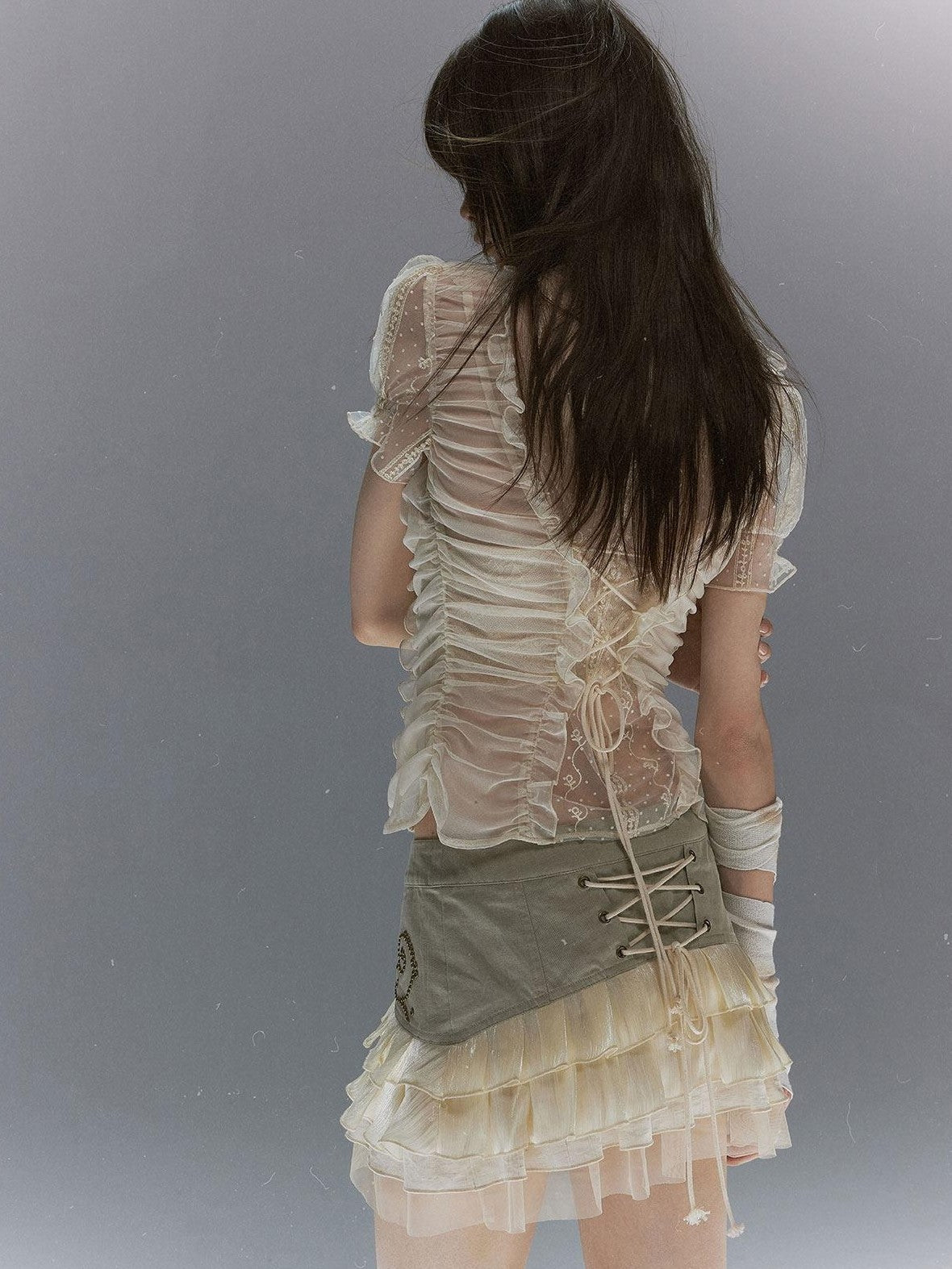 Cest Nous Vine Motif Studded Twill Mesh Patchwork Lace Up Women&