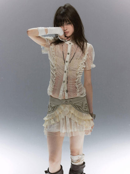 Cest Nous Vine Motif Studded Twill Mesh Patchwork Lace Up Women&