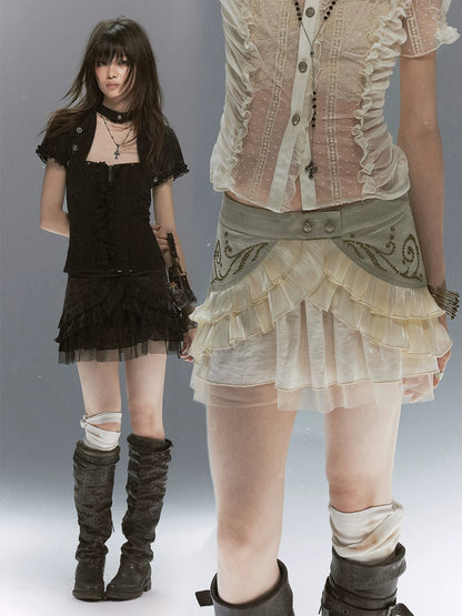 Cest Nous Vine Motif Studded Twill Mesh Patchwork Lace Up Women&