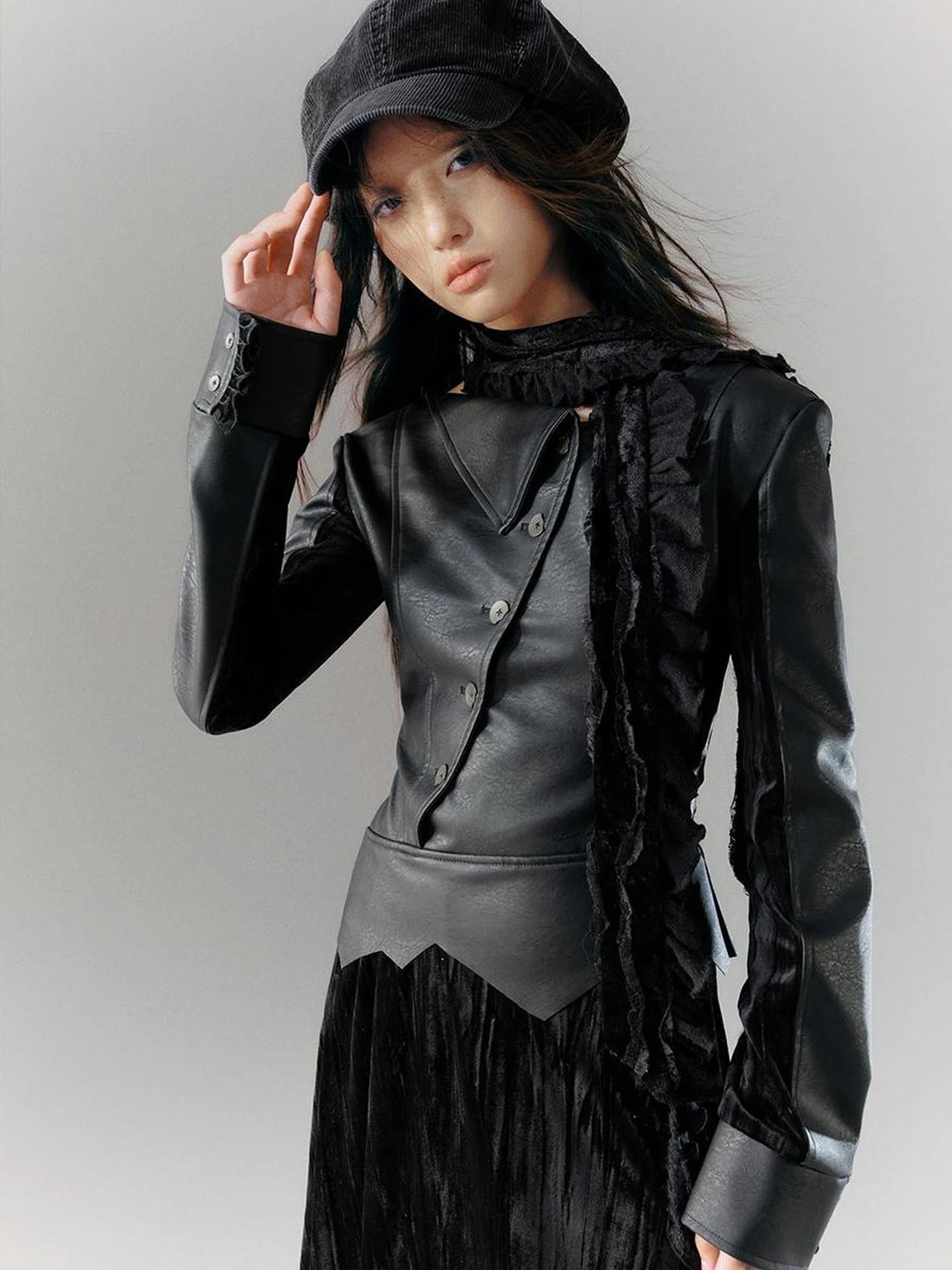 Vintage Dark Asymmetrical Leather Velvet Dress