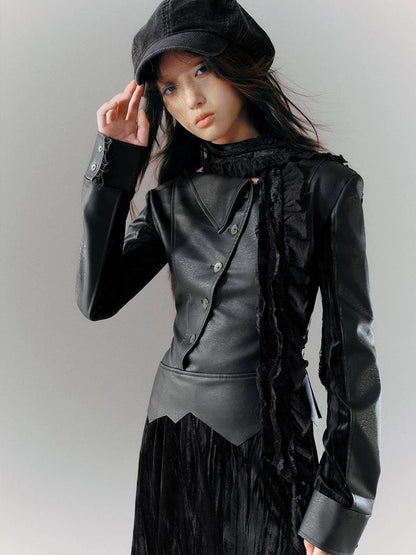 Vintage Dark Asymmetrical Leather Velvet Dress