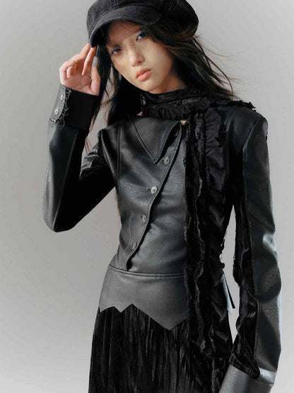 Vintage Dark Asymmetrical Leather Velvet Dress