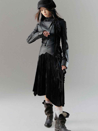 Cest Nous Vintage Dark Asymmetrical Leather Velvet Dress