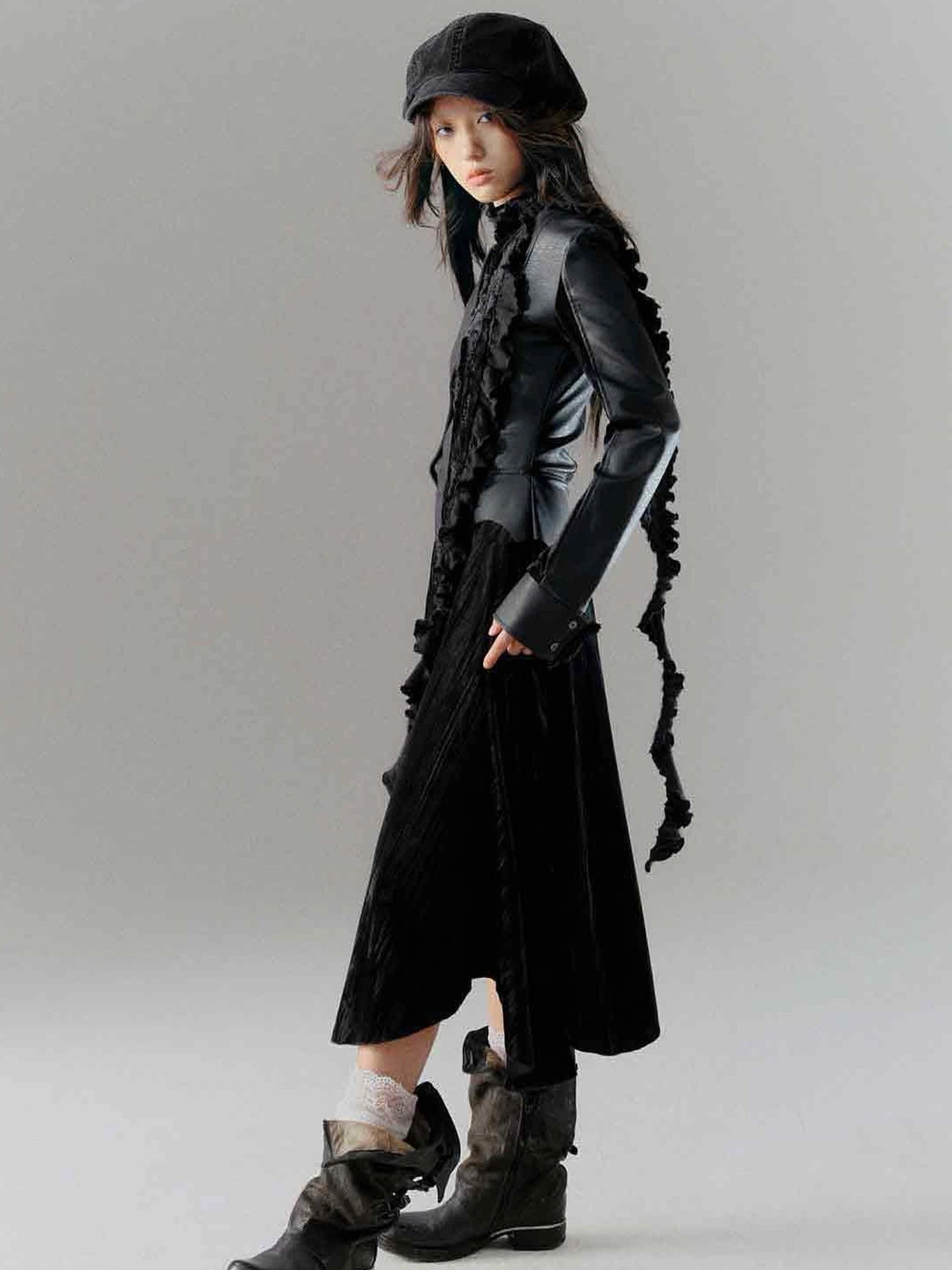 Vintage Dark Asymmetrical Leather Velvet Dress