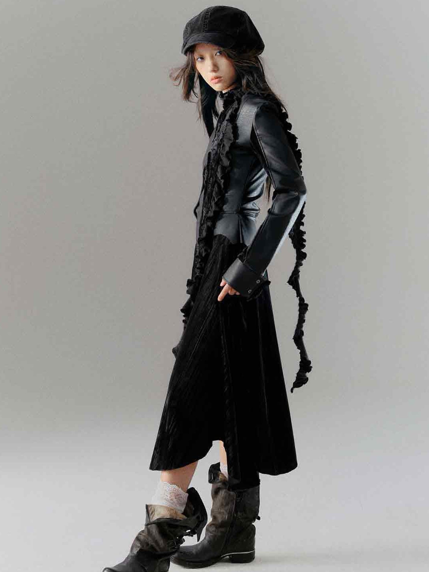 Cest Nous Vintage Dark Asymmetrical Leather Velvet Dress