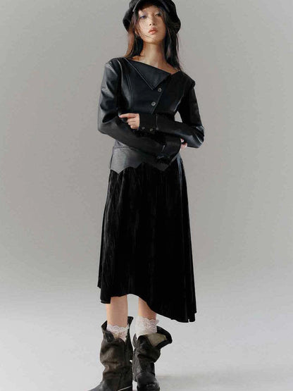 Vintage Dark Asymmetrical Leather Velvet Dress