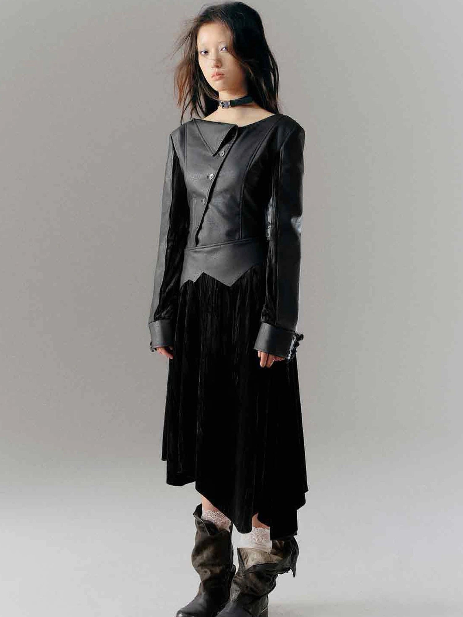 Vintage Dark Asymmetrical Leather Velvet Dress