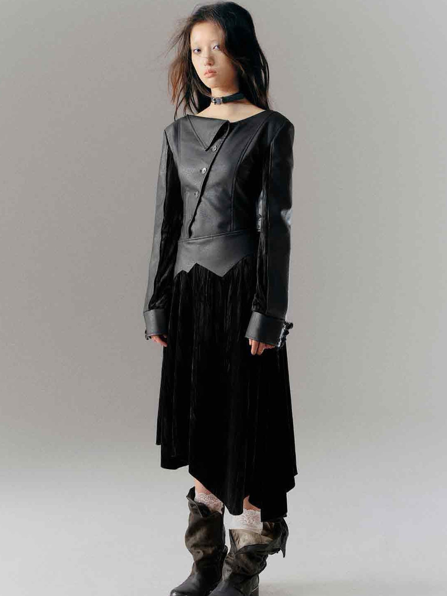 Cest Nous Vintage Dark Asymmetrical Leather Velvet Dress