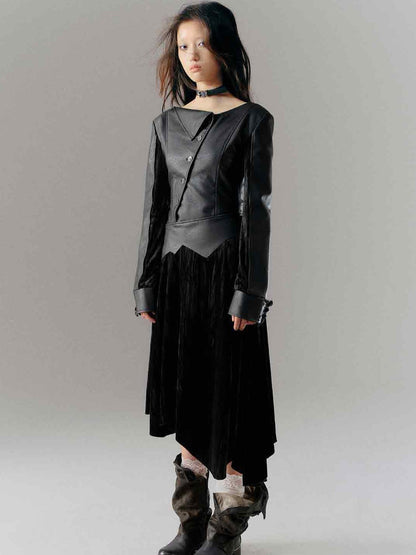 Cest Nous Vintage Dark Asymmetrical Leather Velvet Dress