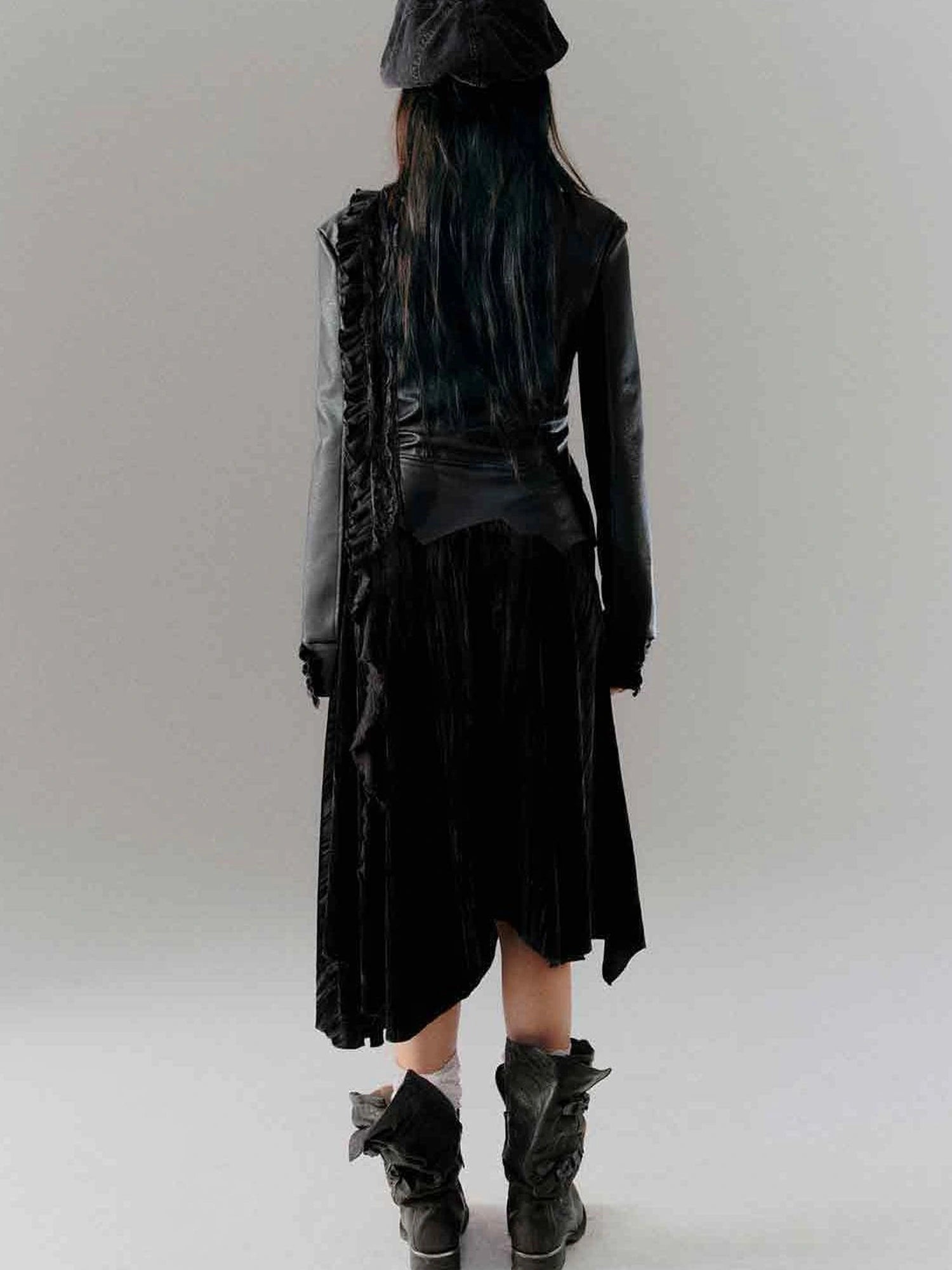 Vintage Dark Asymmetrical Leather Velvet Dress