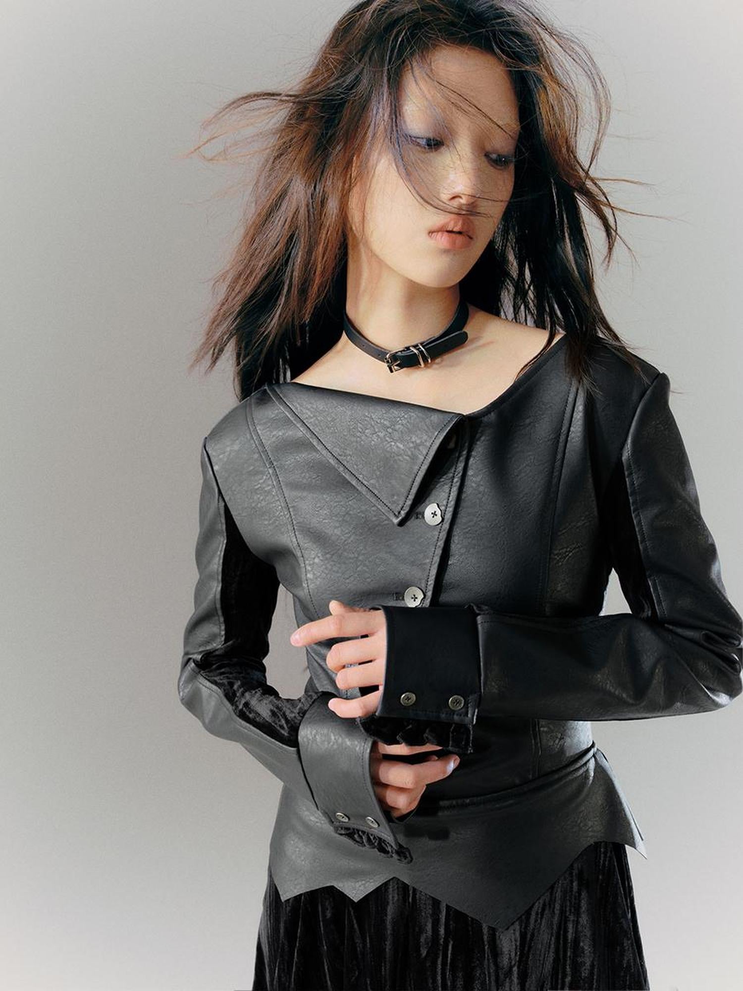 Cest Nous Vintage Dark Asymmetrical Leather Velvet Dress