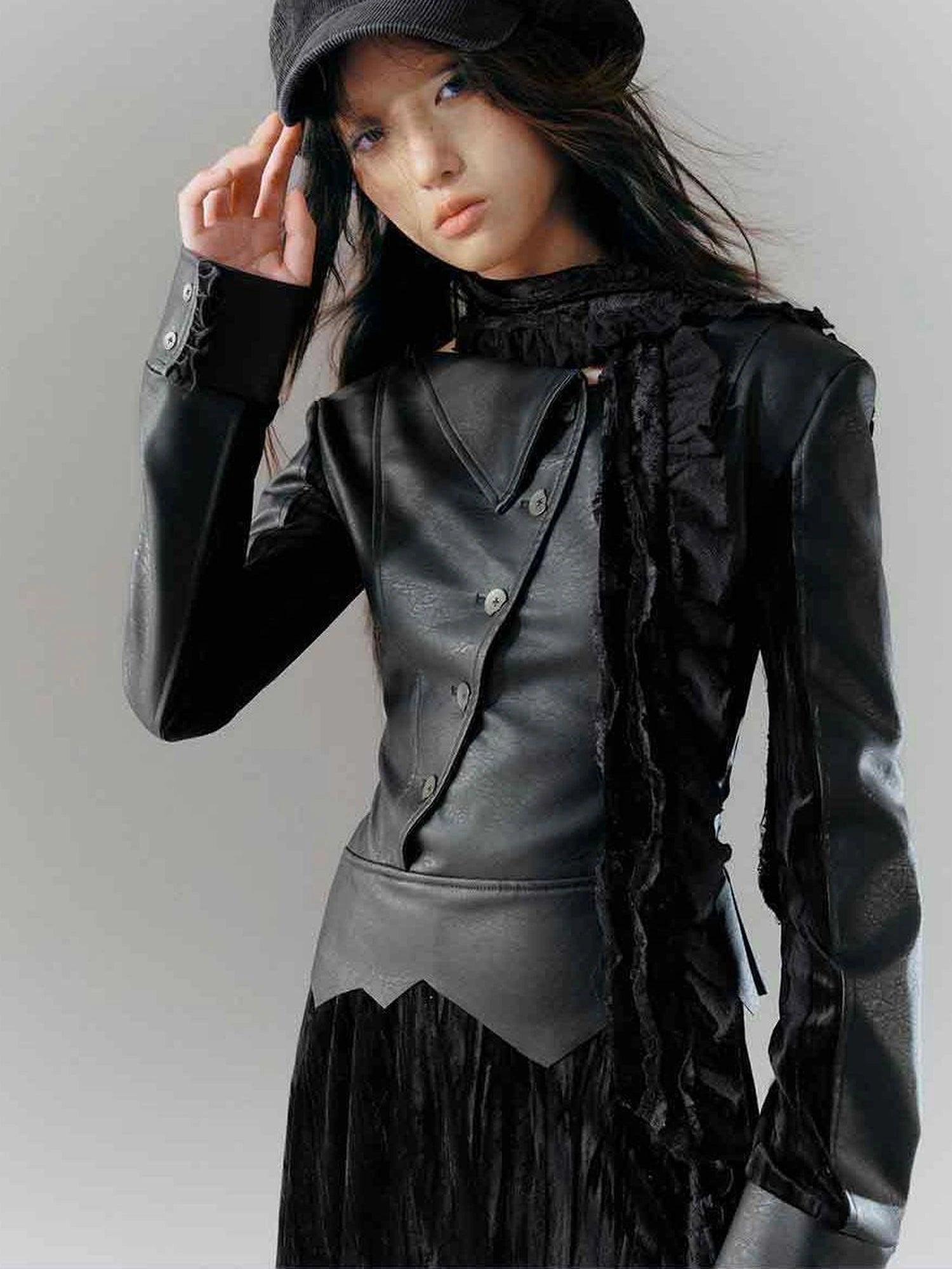 Vintage Dark Asymmetrical Leather Velvet Dress