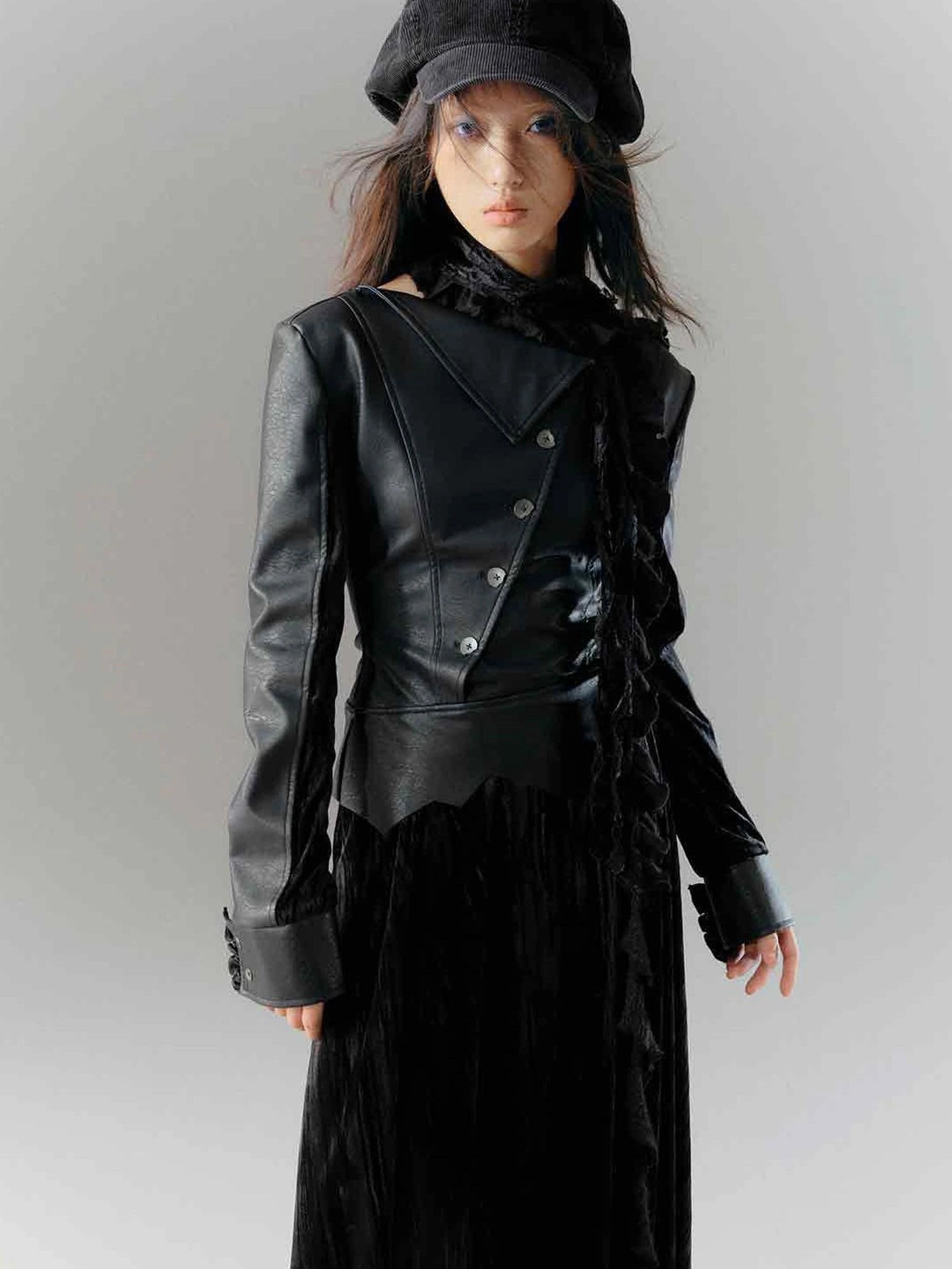 Vintage Dark Asymmetrical Leather Velvet Dress