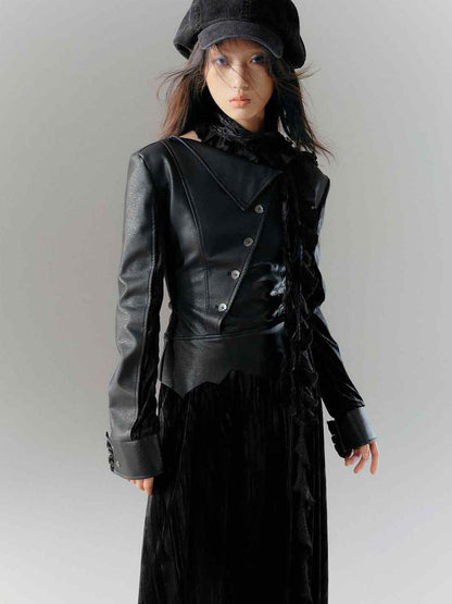 Cest Nous Vintage Dark Asymmetrical Leather Velvet Dress