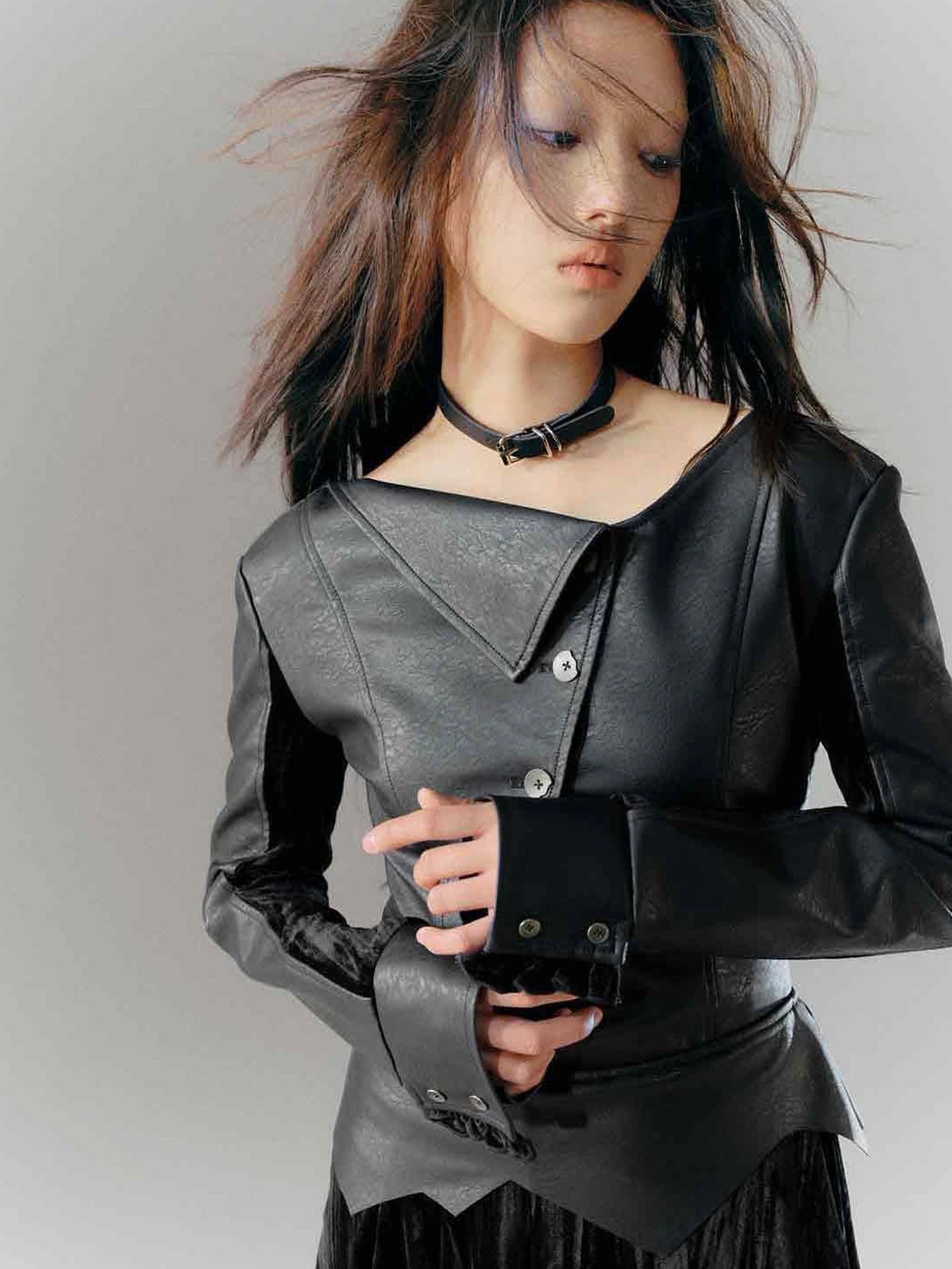 Vintage Dark Asymmetrical Leather Velvet Dress