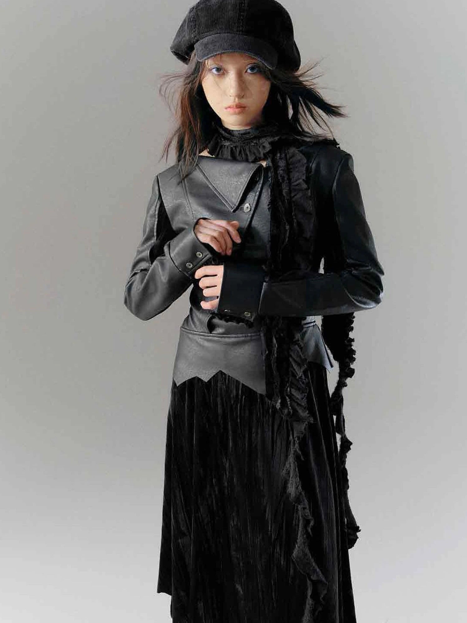 Vintage Dark Asymmetrical Leather Velvet Dress