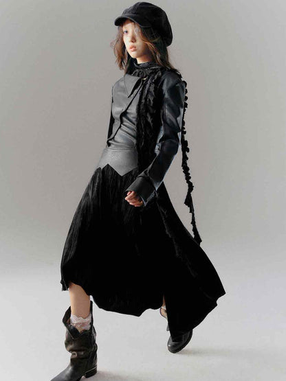 Cest Nous Vintage Dark Asymmetrical Leather Velvet Dress