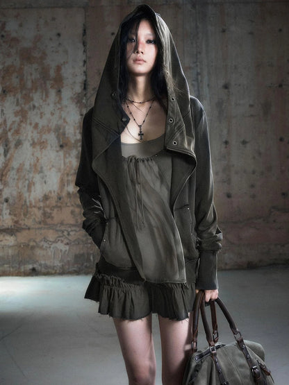 Vintage Deconstructed Lapel Belted Washed Long Sleeve Hooded Sweatshirt