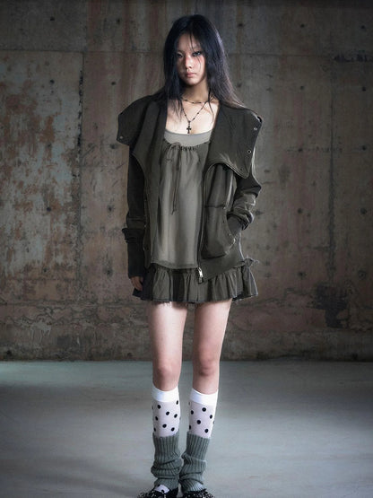 Vintage Deconstructed Lapel Belted Washed Long Sleeve Hooded Sweatshirt