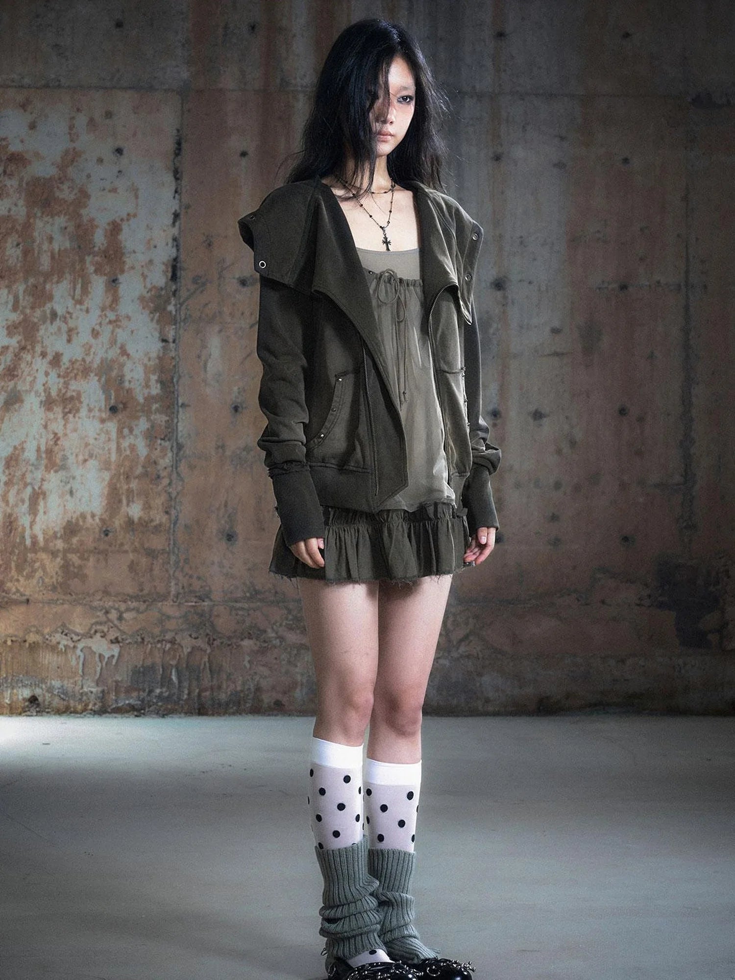 Vintage Deconstructed Lapel Belted Washed Long Sleeve Hooded Sweatshirt