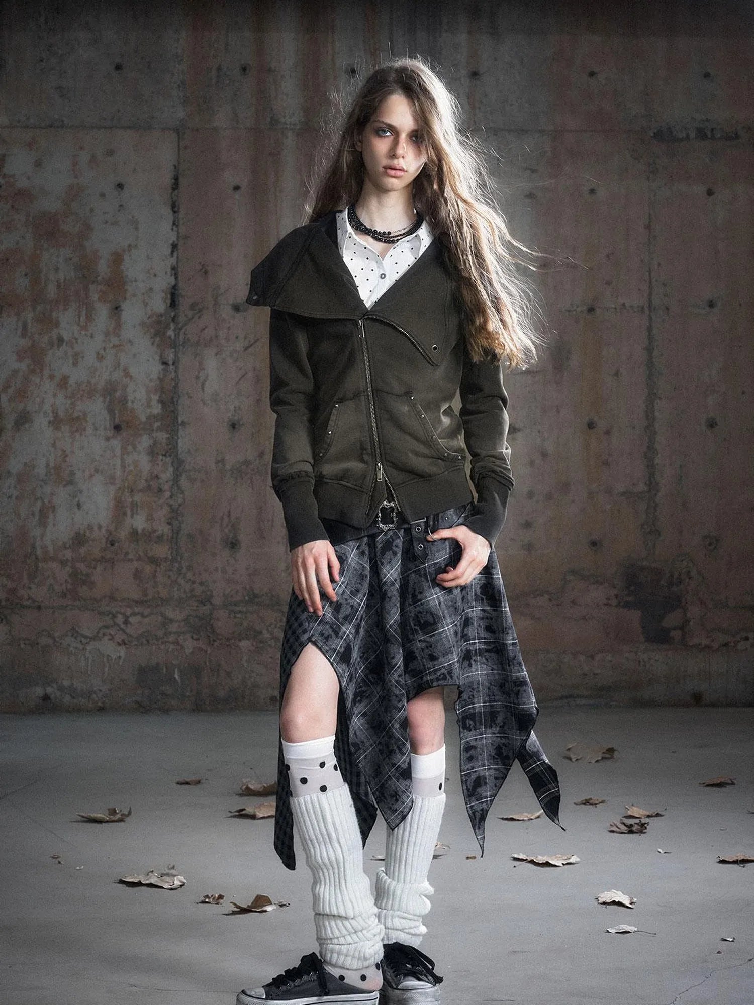 Vintage Deconstructed Lapel Belted Washed Long Sleeve Hooded Sweatshirt