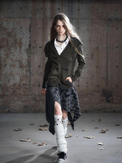 Vintage Deconstructed Lapel Belted Washed Long Sleeve Hooded Sweatshirt