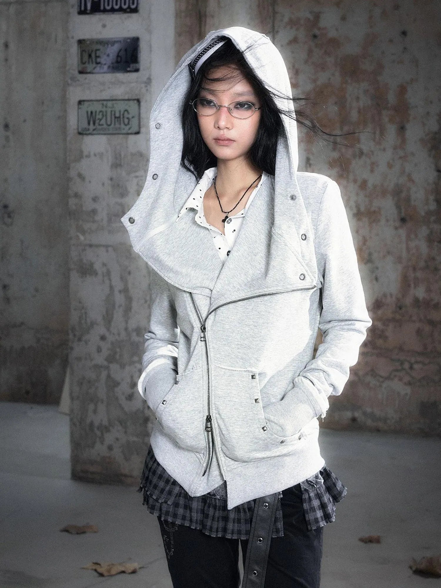 Vintage Deconstructed Lapel Belted Washed Long Sleeve Hooded Sweatshirt