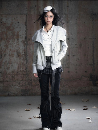 Vintage Deconstructed Lapel Belted Washed Long Sleeve Hooded Sweatshirt