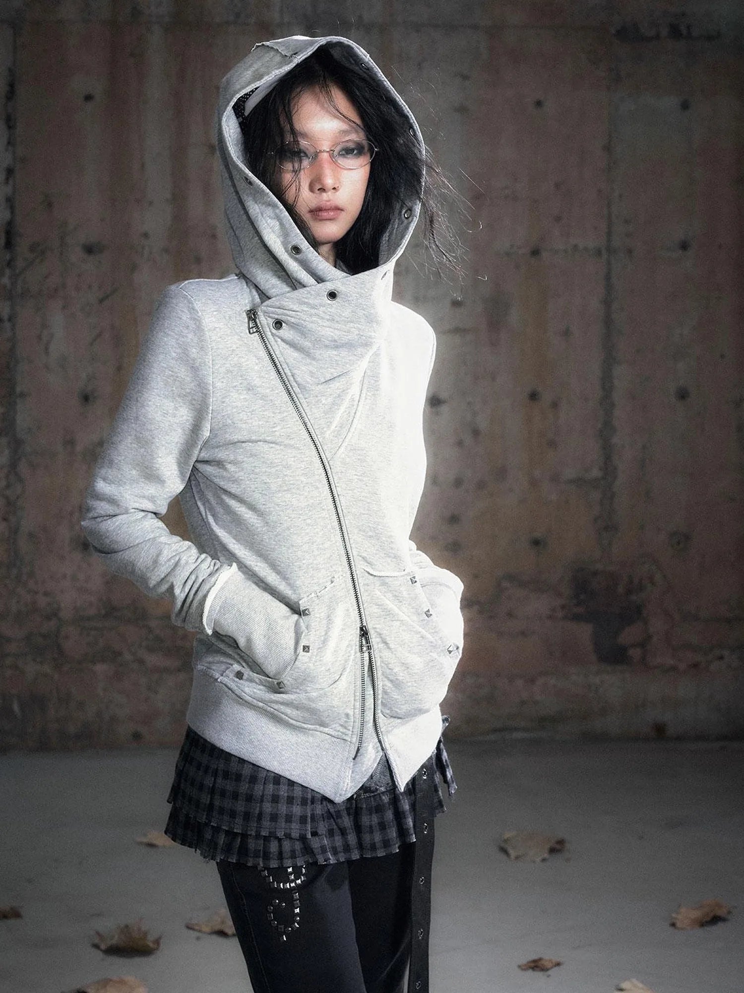 Vintage Deconstructed Lapel Belted Washed Long Sleeve Hooded Sweatshirt