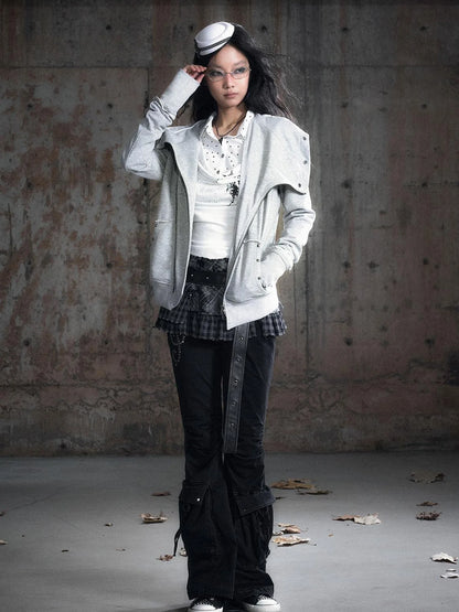 Vintage Deconstructed Lapel Belted Washed Long Sleeve Hooded Sweatshirt