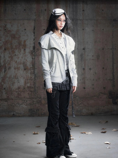 Vintage Deconstructed Lapel Belted Washed Long Sleeve Hooded Sweatshirt