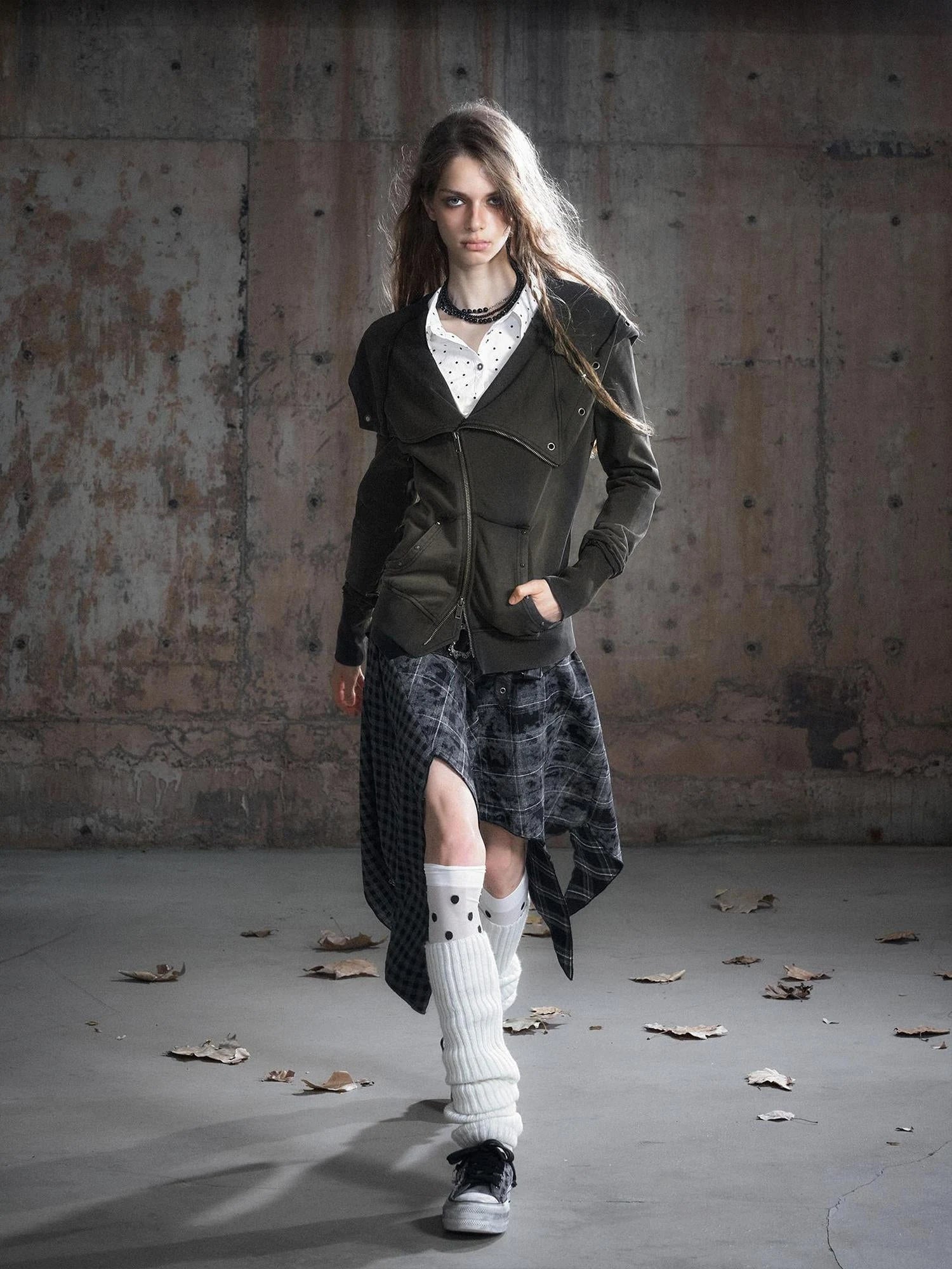 Vintage Deconstructed Lapel Belted Washed Long Sleeve Hooded Sweatshirt