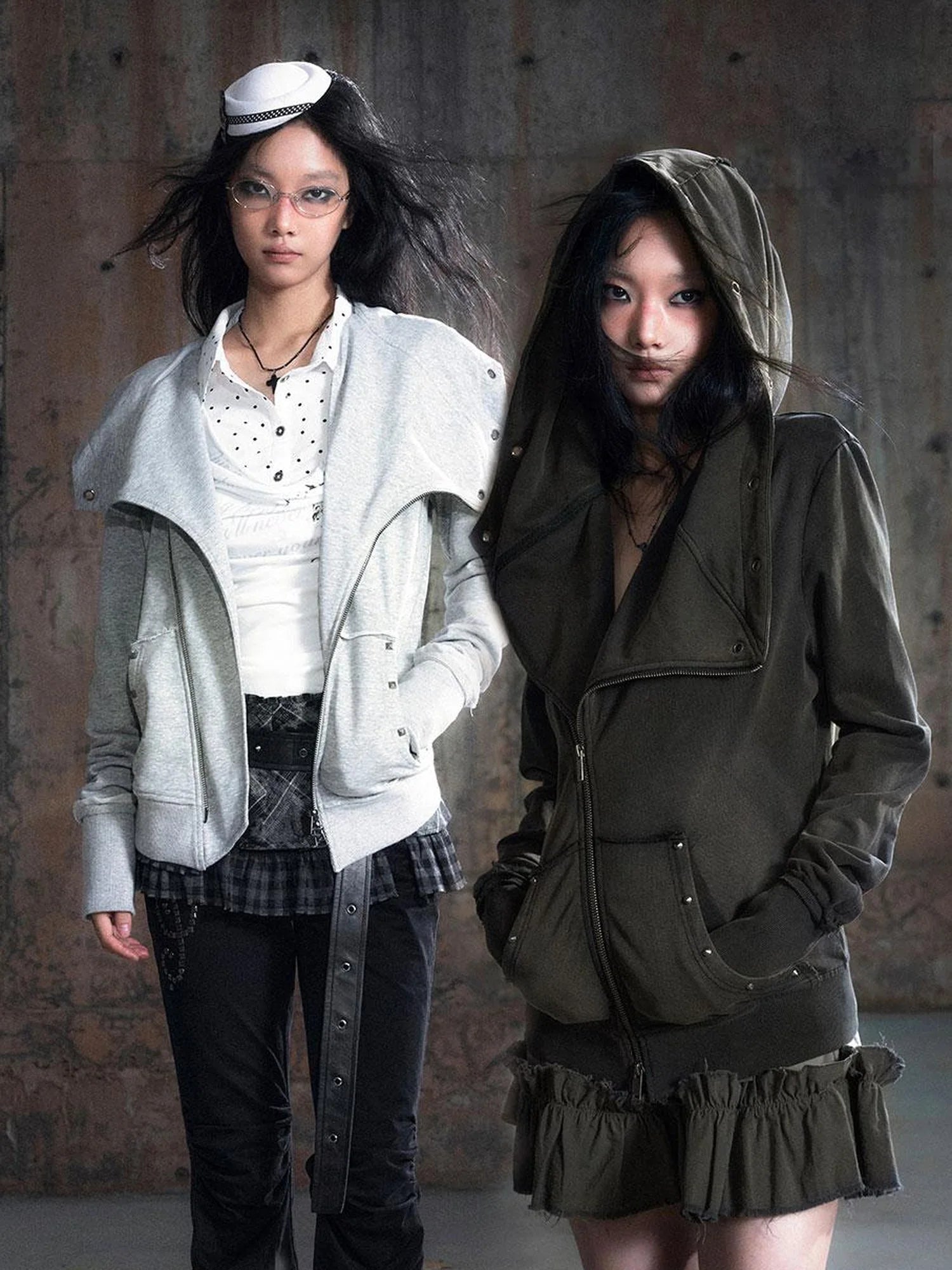 Vintage Deconstructed Lapel Belted Washed Long Sleeve Hooded Sweatshirt