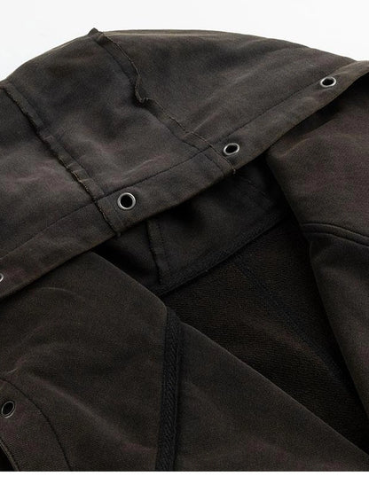 Vintage Deconstructed Lapel Belted Washed Long Sleeve Hooded Sweatshirt