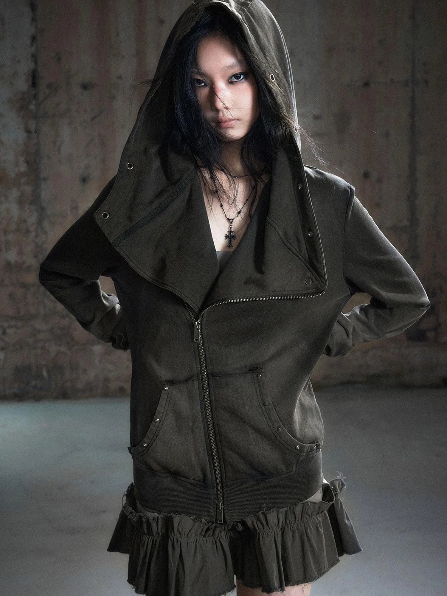 Vintage Deconstructed Lapel Belted Washed Long Sleeve Hooded Sweatshirt